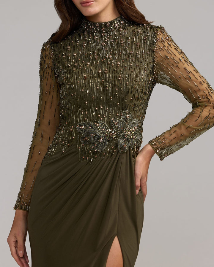 Mac Duggal 2341 Beaded Mock Neck Long Sleeve Jersey Gown