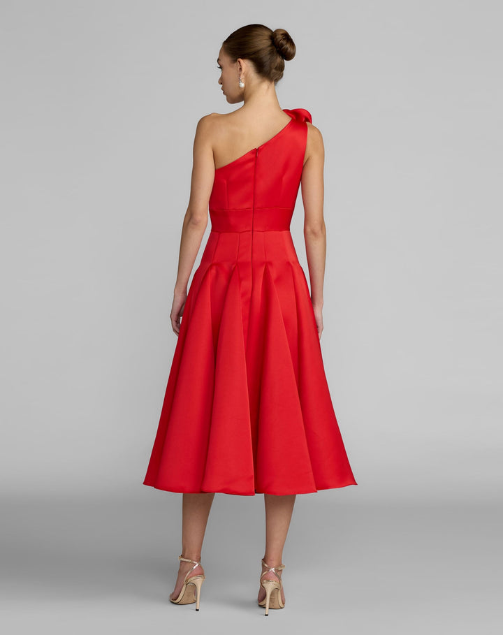 Mac Duggal 2364 One Shoulder Satin Midi Dress With 3D Flower