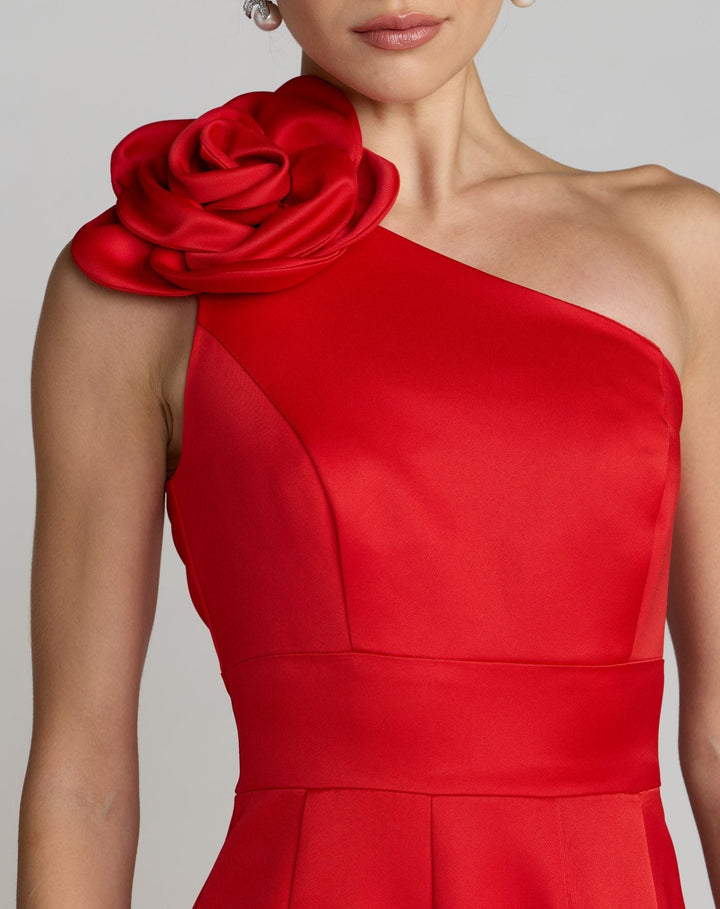 Mac Duggal 2364 One Shoulder Satin Midi Dress With 3D Flower