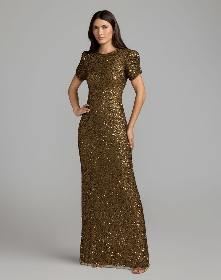 Mac Duggal 24003 Gathered Short Sleeve Embellished Gown