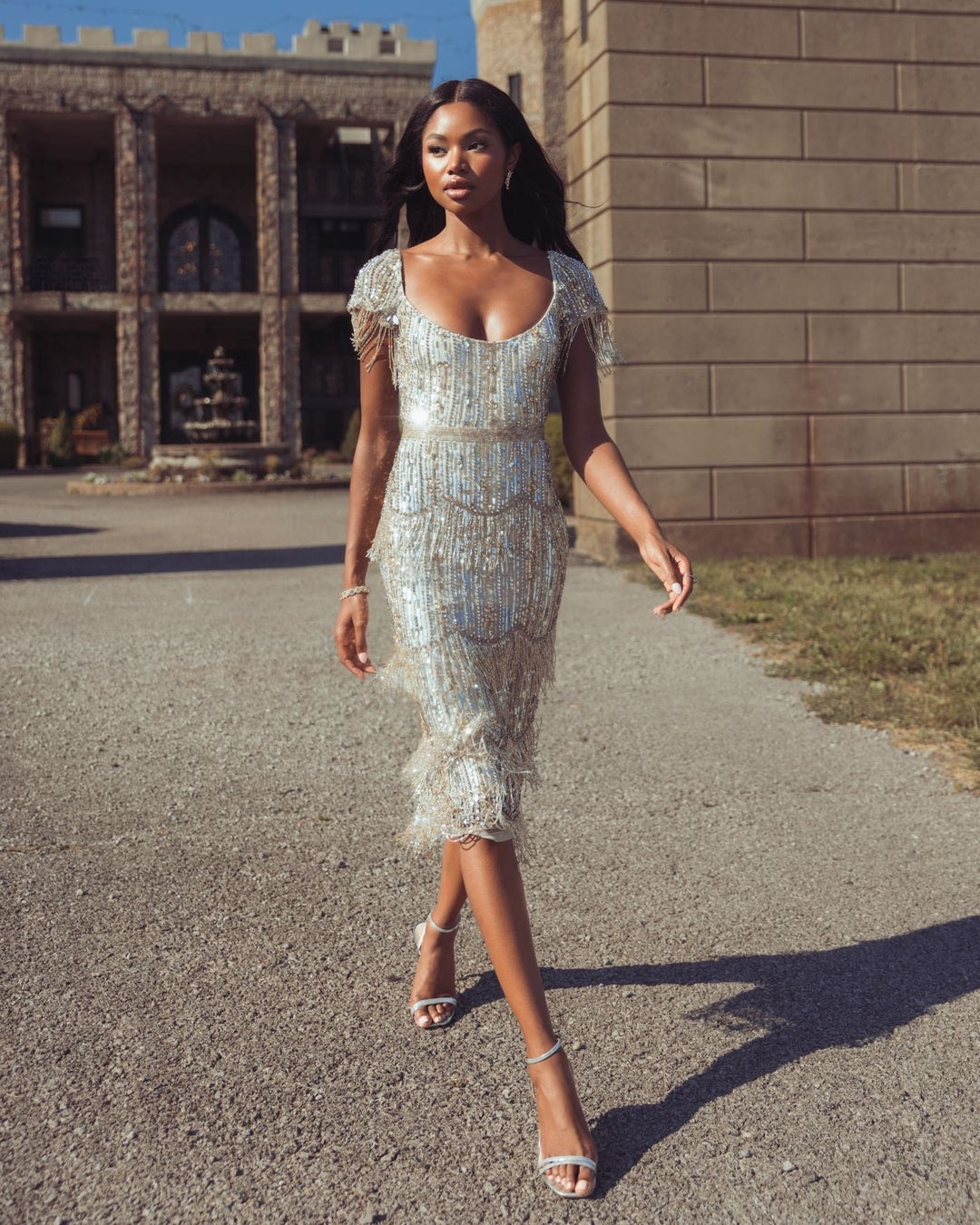 Mac Duggal 24020 Beaded Fringe Midi Dress
