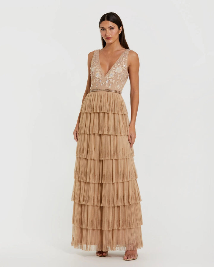 Mac Duggal 24061 Beaded Mesh V Neck Gown With Tiered Ruffles