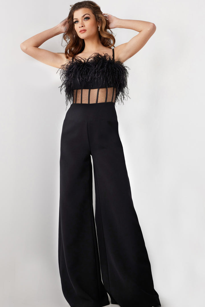 Jovani 24144 Sheer Bodice Spaghetti Straps Jumpsuit