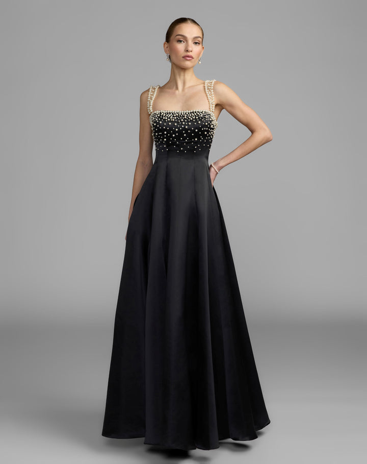 Mac Duggal 2426 A-Line Pearl Embellished Satin Gown