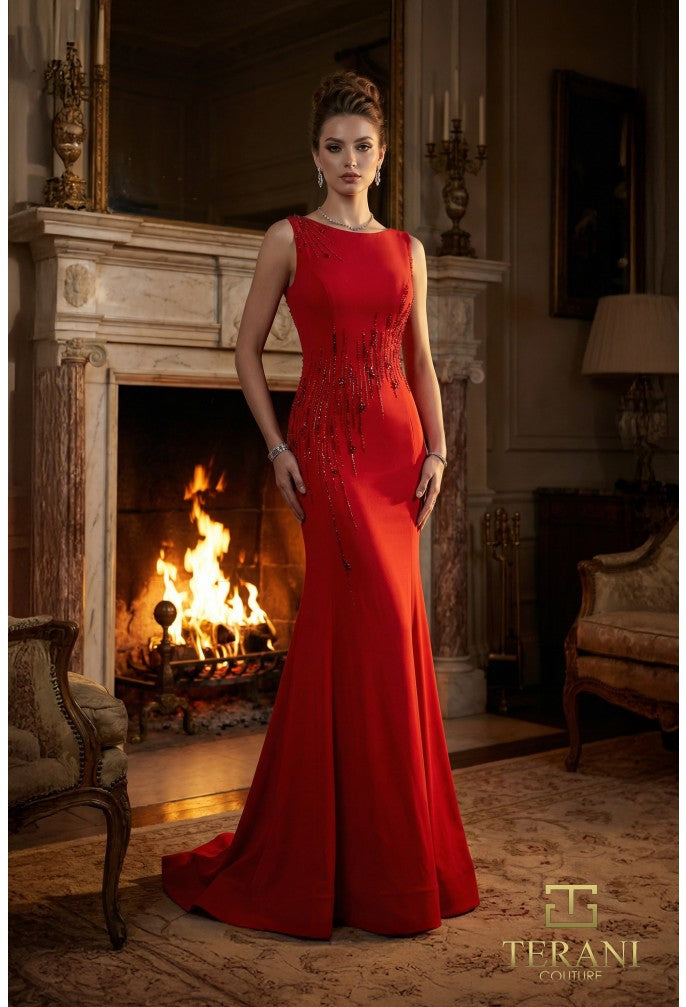 Terani 262E7359 boat neck beaded bodice evening gown front view