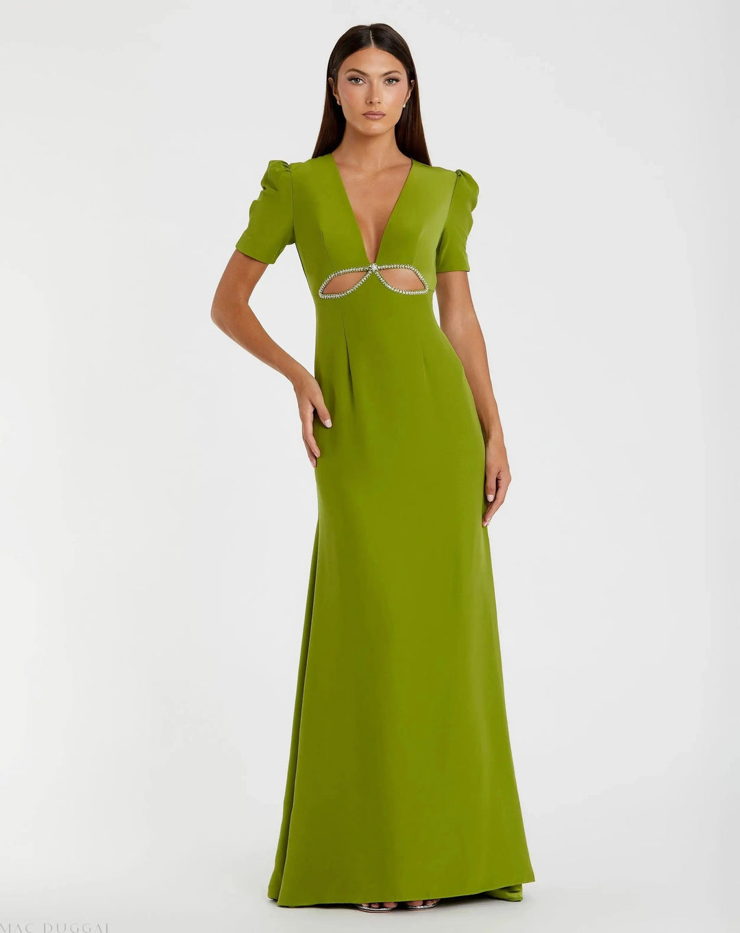Mac Duggal 2630 Plunge Neck Puff Sleeve Cut Out Gown