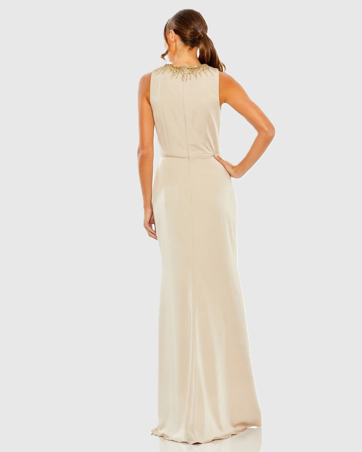 Beige High Neck Rhinestone Column Gown With Slit - FOSTANI.com