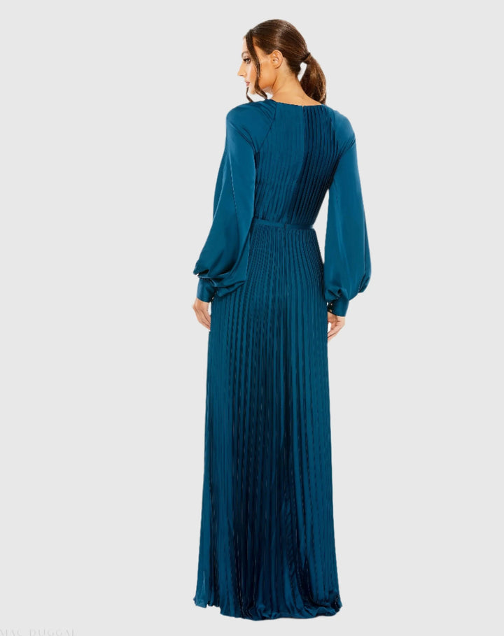 Mac Duggal 26590 Blue Pleated High Neck Long Sleeve Gown with Slit