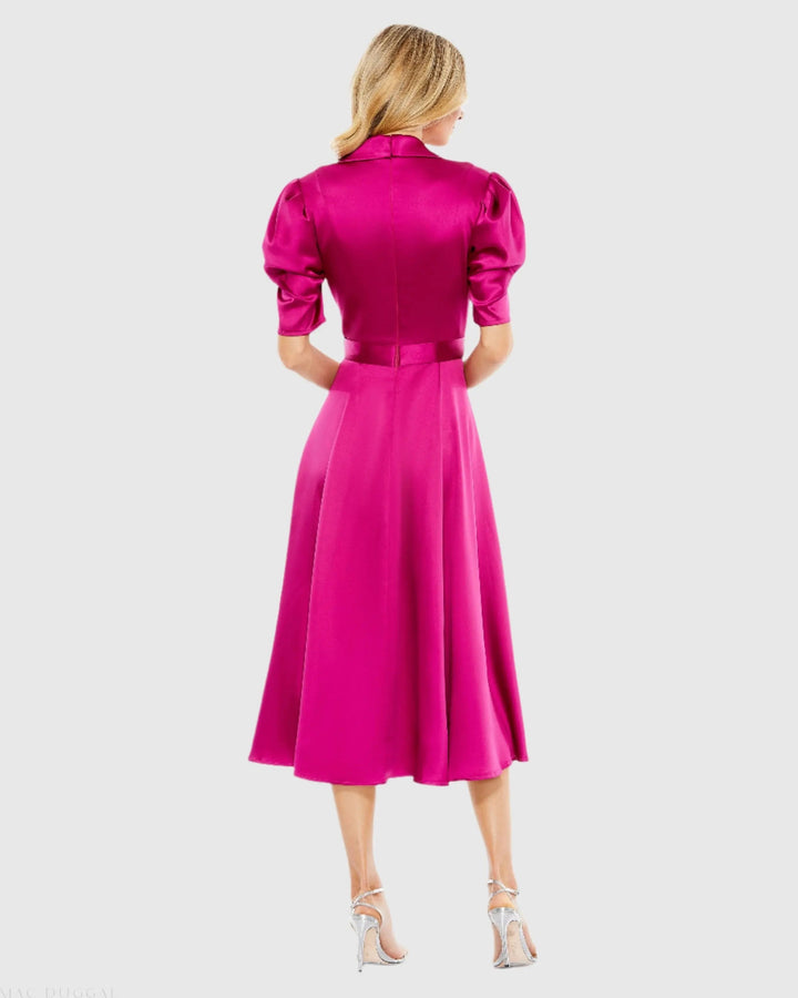 Mac Duggal 26628 Satin Lapel Puff Sleeve Tea Length Dress