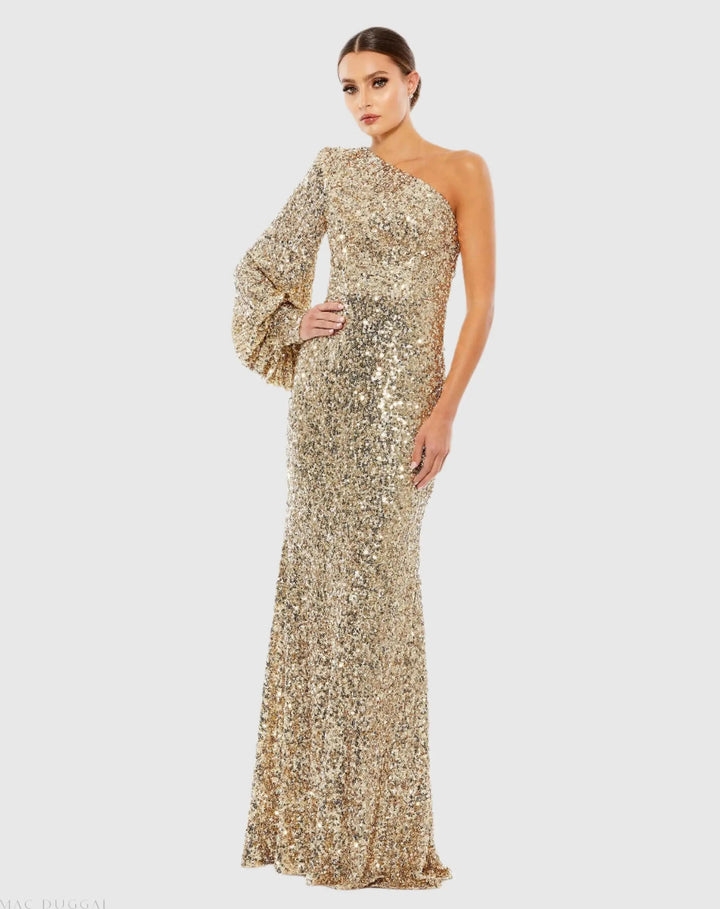 Mac Duggal 26717 Sequined One Shoulder Bishop Sleeve Trumpet Gown