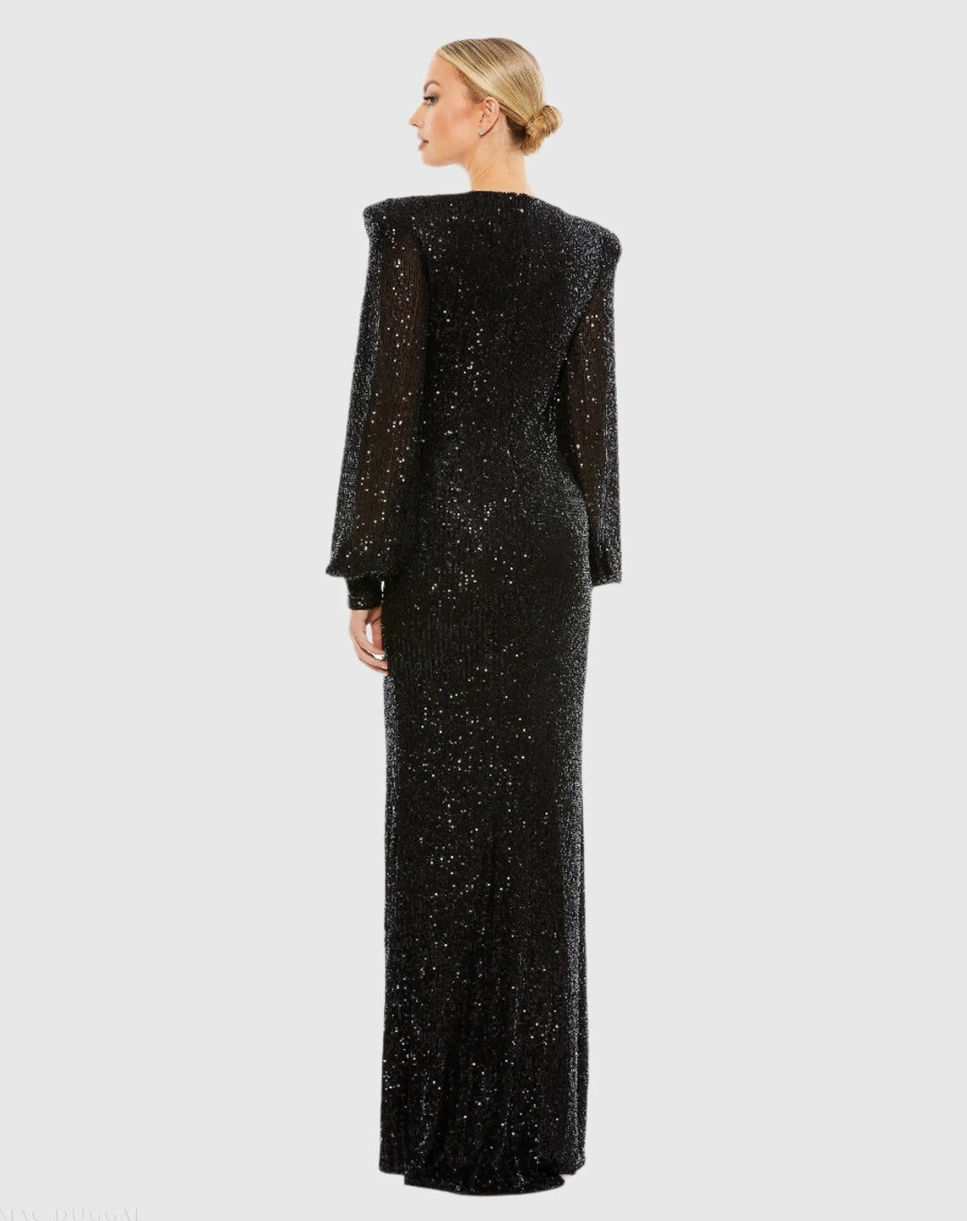 Mac Duggal 26722 Sequined Plunge Neck Structured Bishop Sleeve Gown