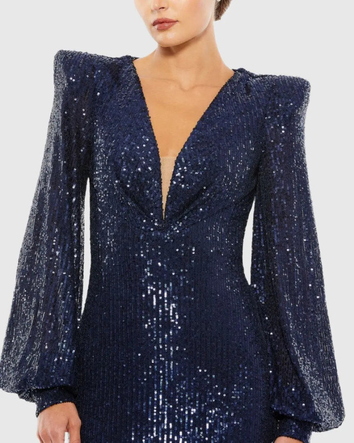 Mac Duggal 26722 Sequined Plunge Neck Structured Bishop Sleeve Gown