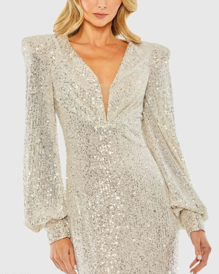 Mac Duggal 26722 Sequined Plunge Neck Structured Bishop Sleeve Gown
