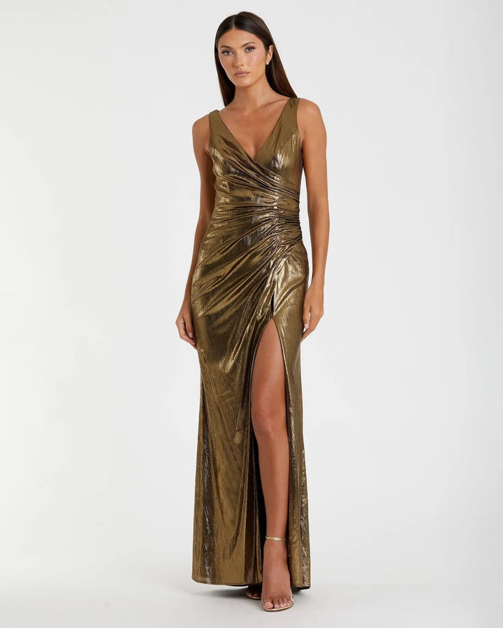 Mac Duggal 27063 Metallic Ruched Front Slip V-Neck Gown