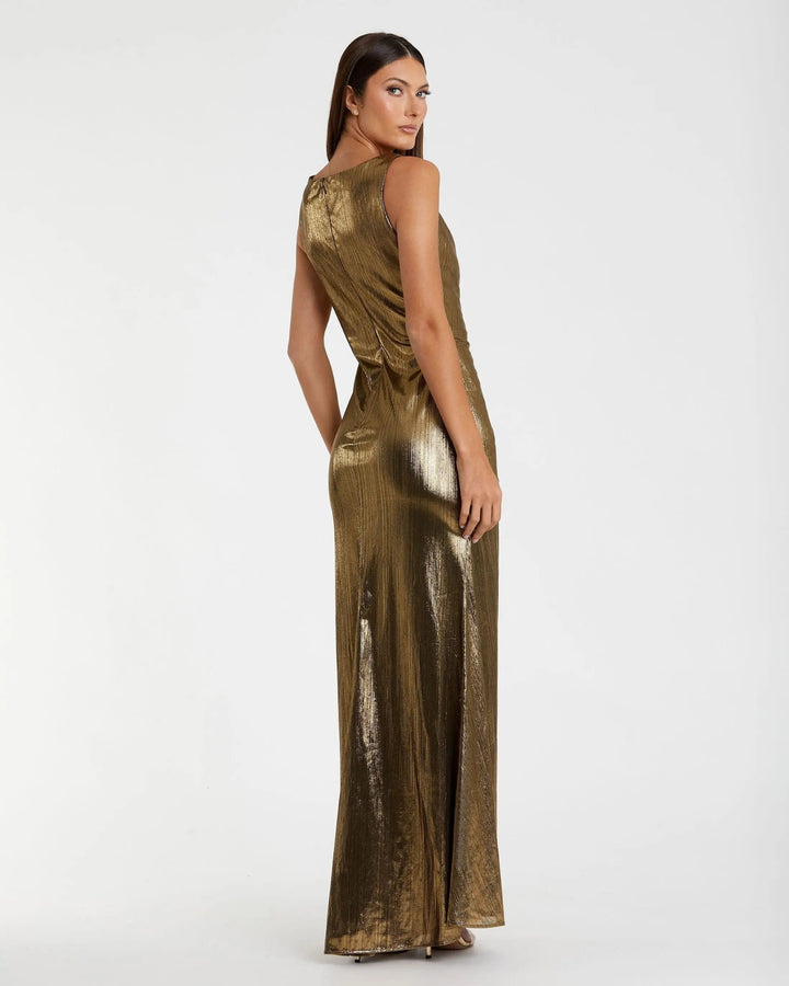 Mac Duggal 27063 Metallic Ruched Front Slip V-Neck Gown
