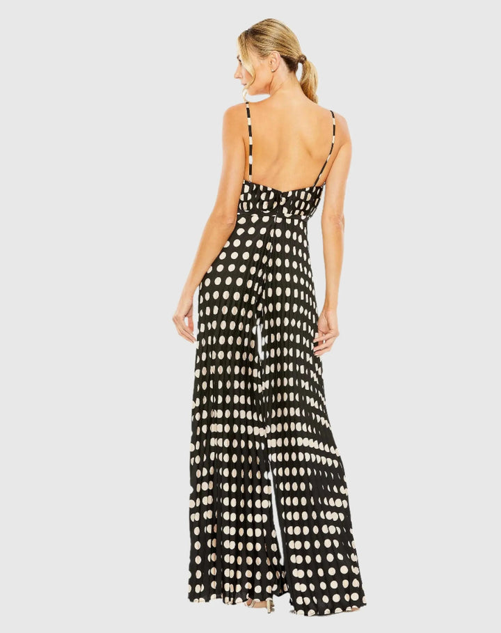 Mac Duggal 27145 Pleated Charmeuse Polka Dot V-Neck Jumpsuit
