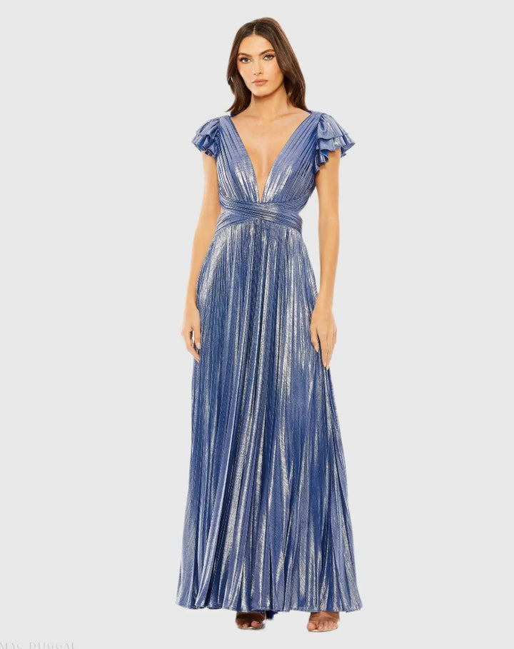 Mac Duggal 27166 Ruffle Sleeve Cutout Pleated Metallic Gown