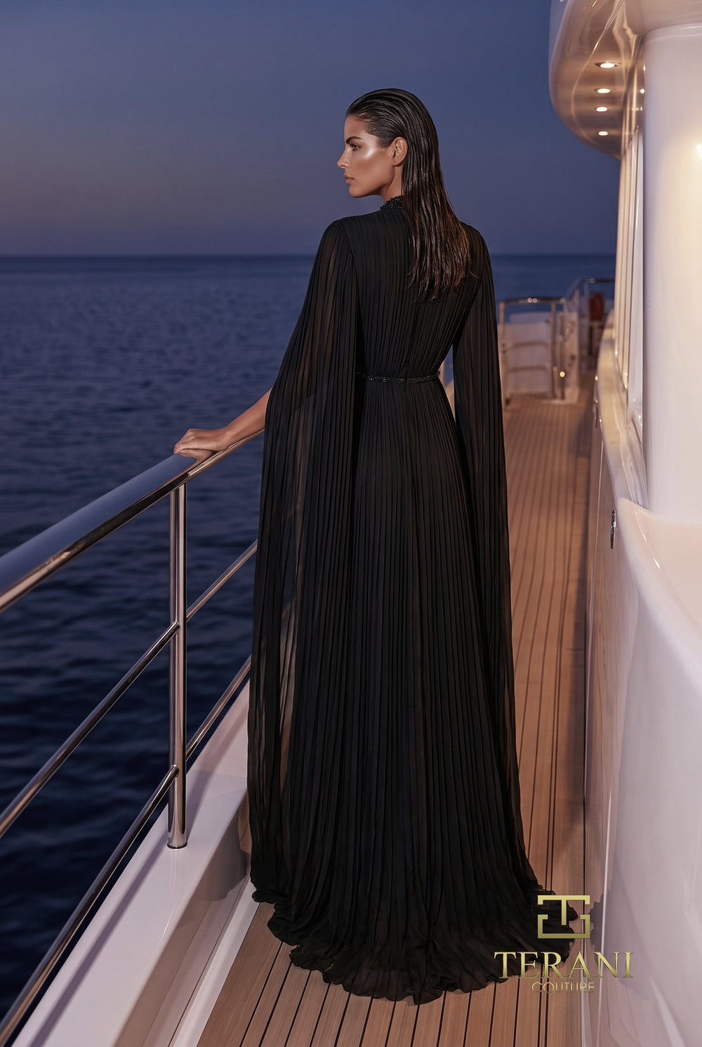 Terani 271E7510 floor-length cape sleeves pleated evening gown back view
