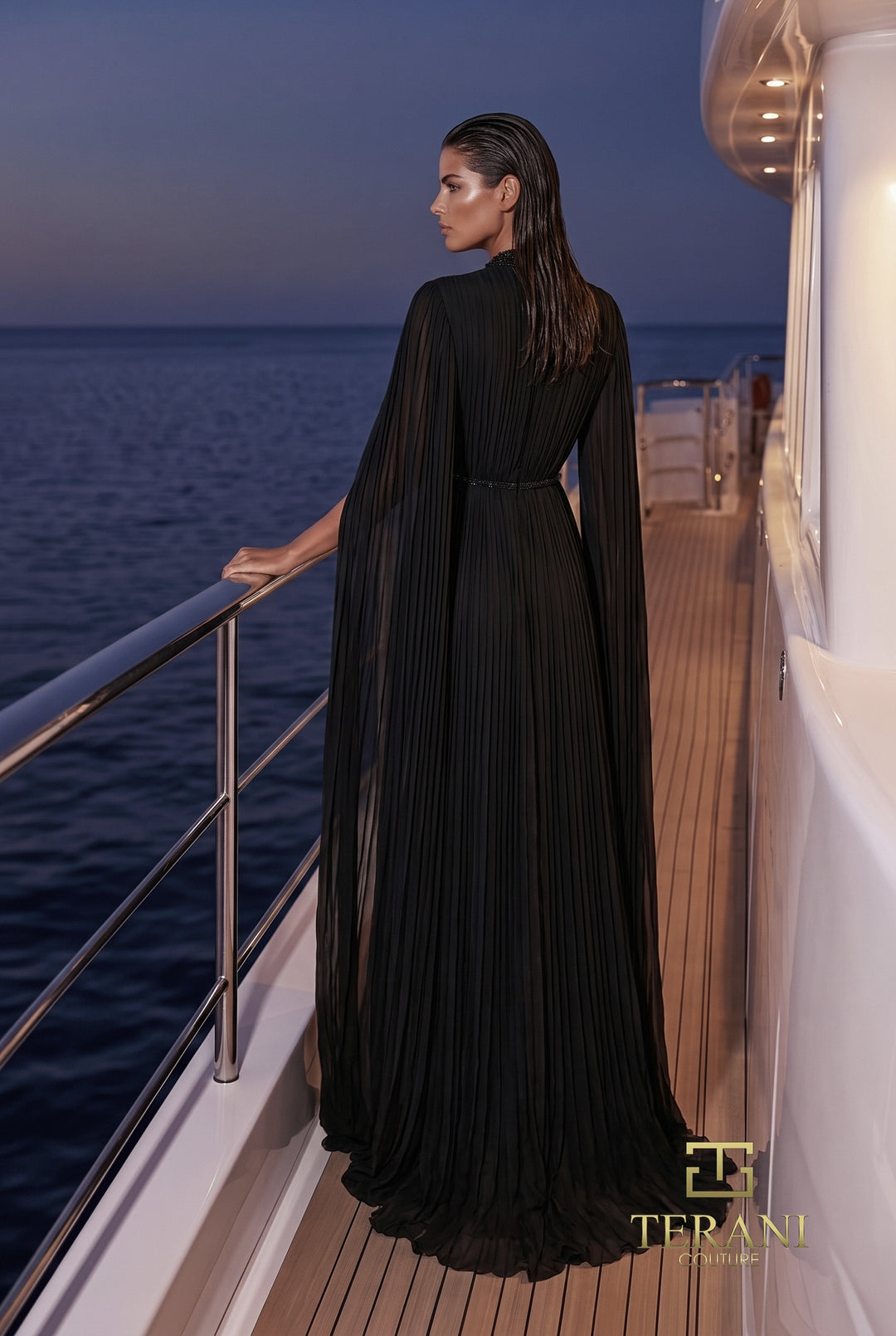 Terani 271E7510 floor-length cape sleeves pleated evening gown back view