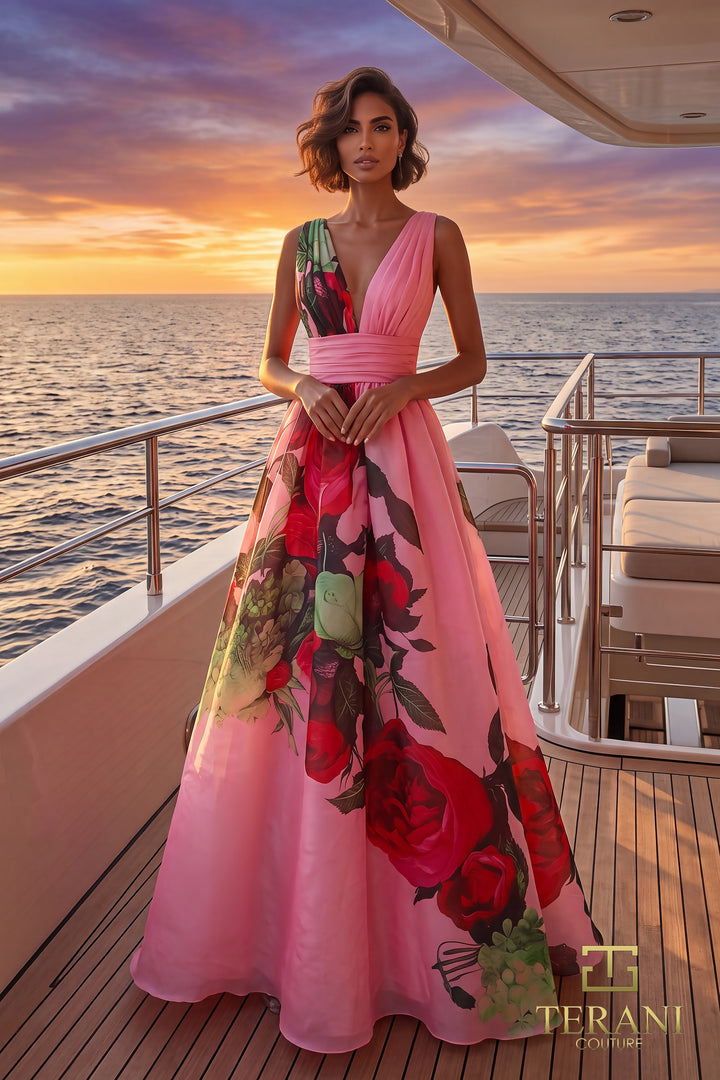 Terani 271E8138 wide strap V-neck floral print ball gown front view