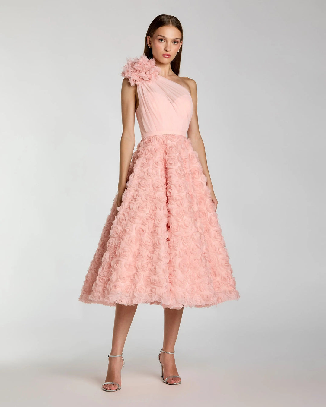 Pink One Shoulder 3D Floral Rosette Midi Dress - FOSTANI.com