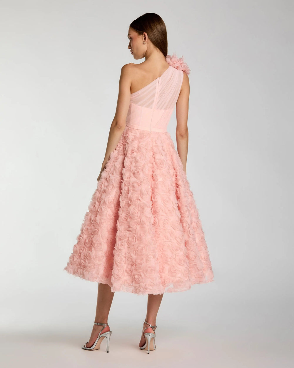 Pink One Shoulder 3D Floral Rosette Midi Dress - FOSTANI.com