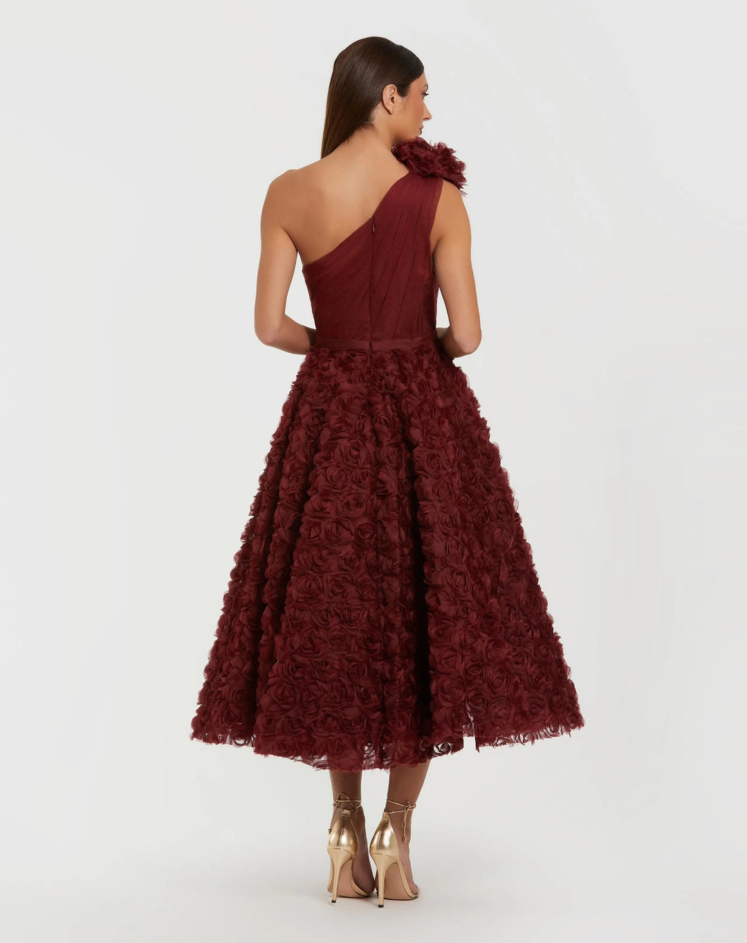 Red One Shoulder 3D Floral Rosette Midi Dress - FOSTANI.com