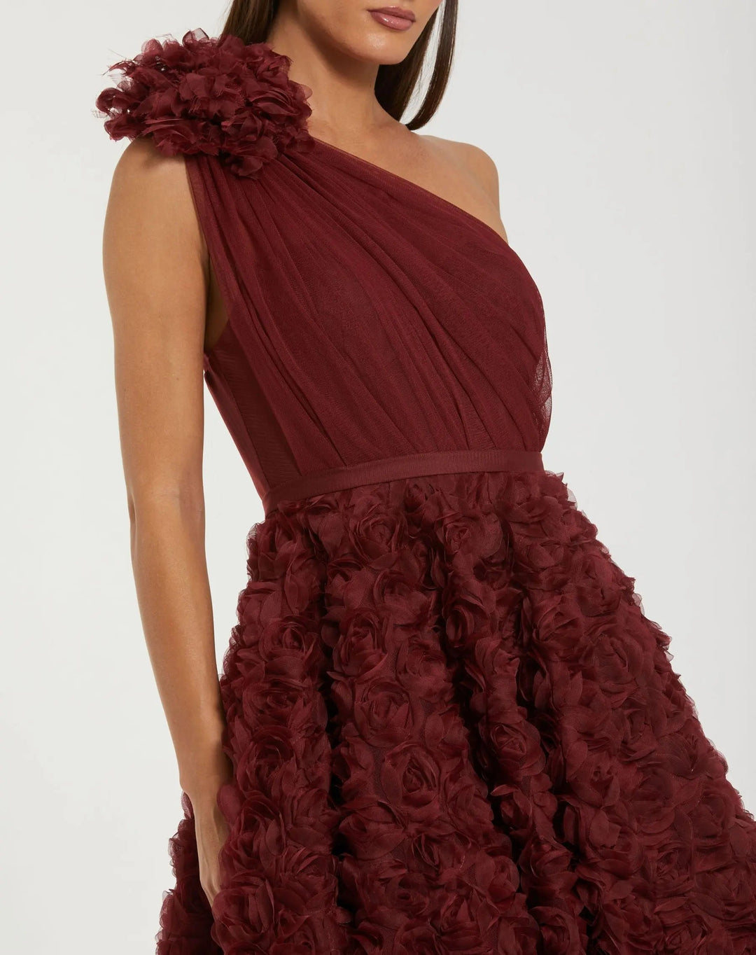 Red One Shoulder 3D Floral Rosette Midi Dress - FOSTANI.com