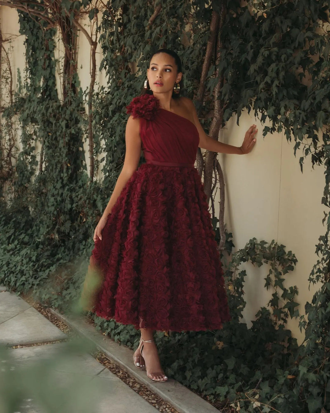 Red One Shoulder 3D Floral Rosette Midi Dress - FOSTANI.com