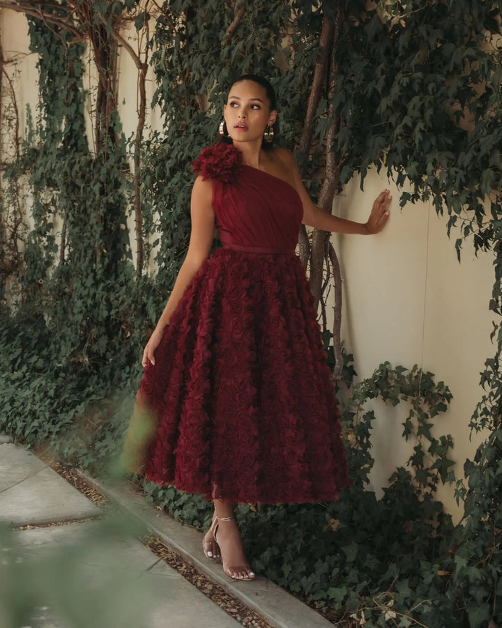 Red One Shoulder 3D Floral Rosette Midi Dress - FOSTANI.com