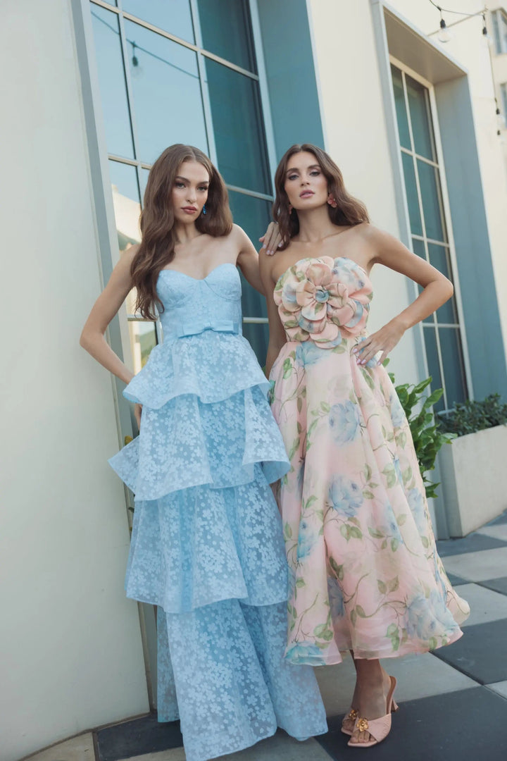 Pink Strapless Floral Organza Midi Dress With Flower - FOSTANI.com