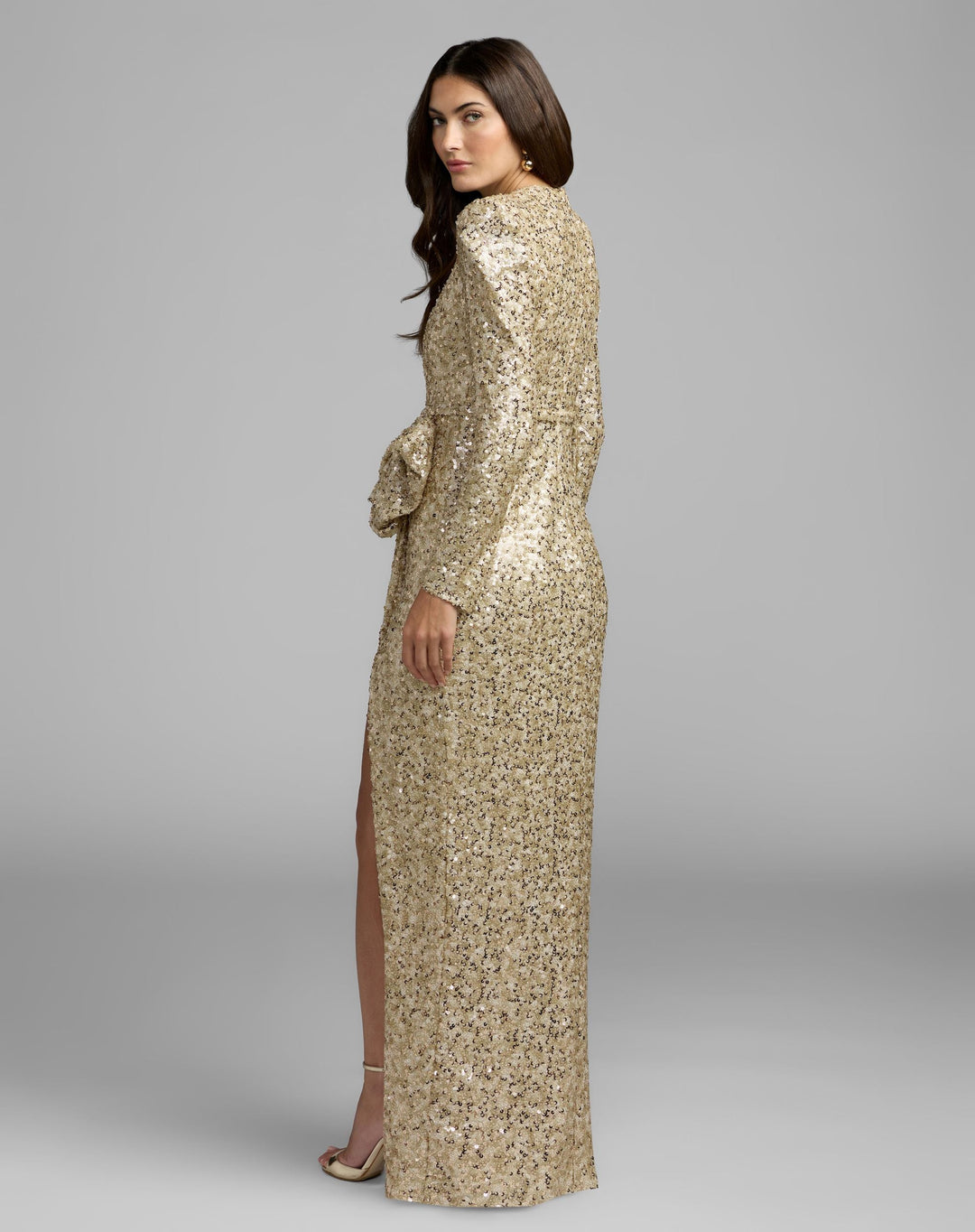 Mac Duggal 27852 Long Sleeve Sequin Gown With Bow