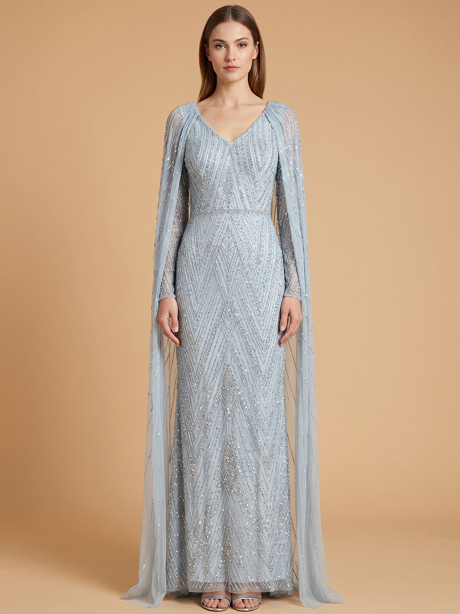 Lara 28839 V-Neck Beaded Dress with Long Cape