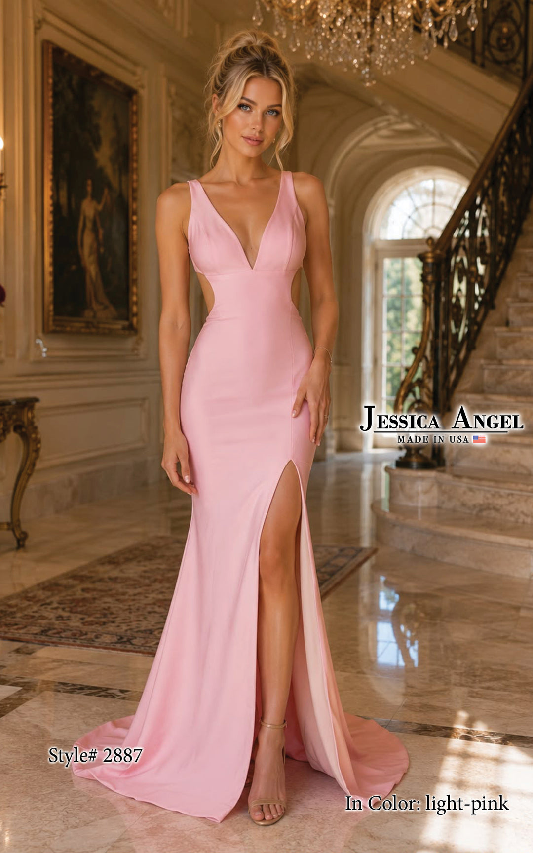 Jessica Angel 2887 V-neck side cutout gown front view 3