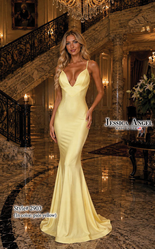 Jessica Angel 2903 V-neck bow ruffle mermaid gown front view