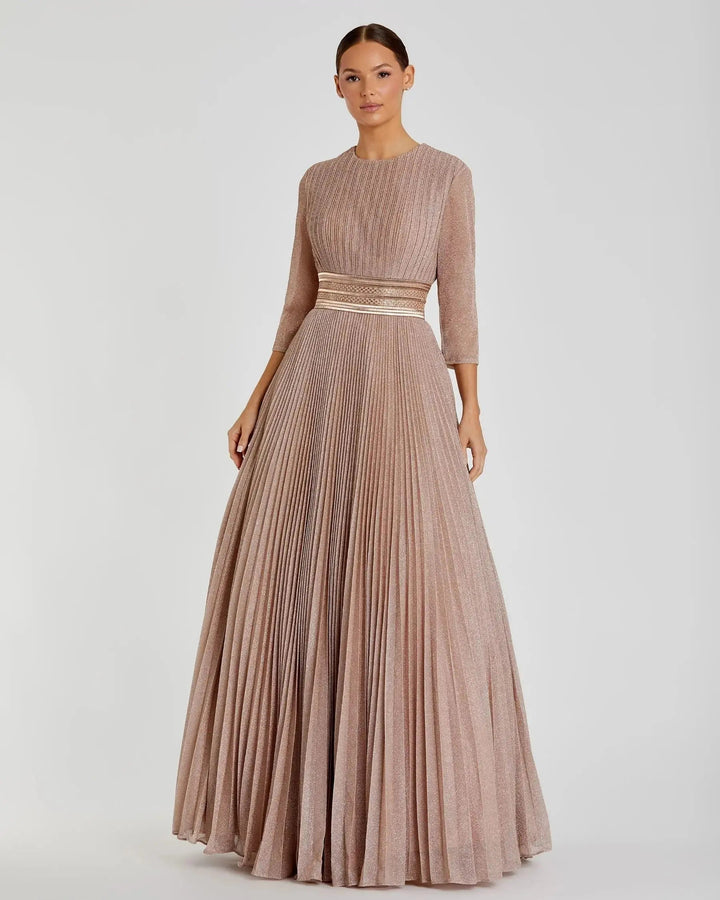 Pink Shimmering Pleated  3/4 Sleeve Ball Gown - FOSTANI.com