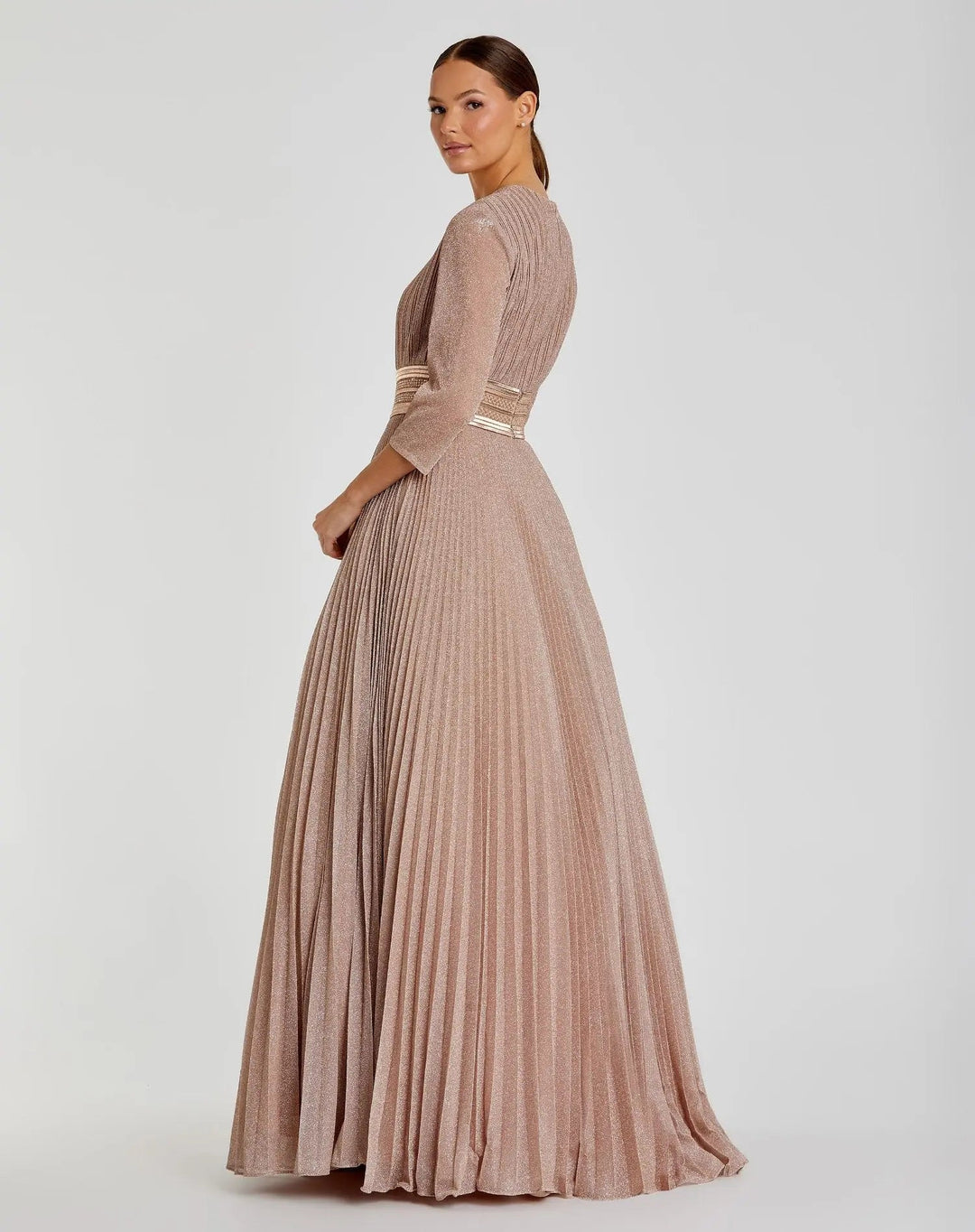 Pink Shimmering Pleated  3/4 Sleeve Ball Gown - FOSTANI.com