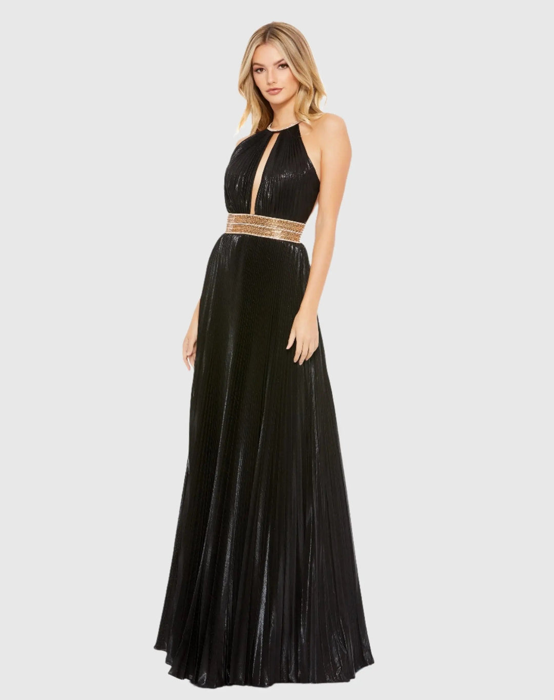 Mac Duggal 30722 Pleated Embellished Halter Open Back Gown