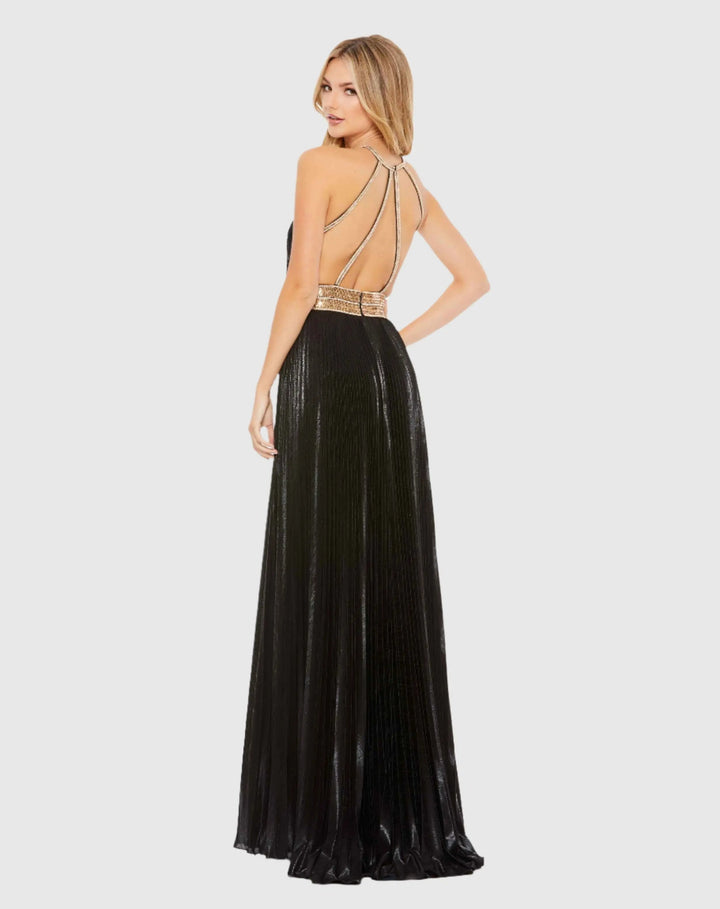 Mac Duggal 30722 Pleated Embellished Halter Open Back Gown