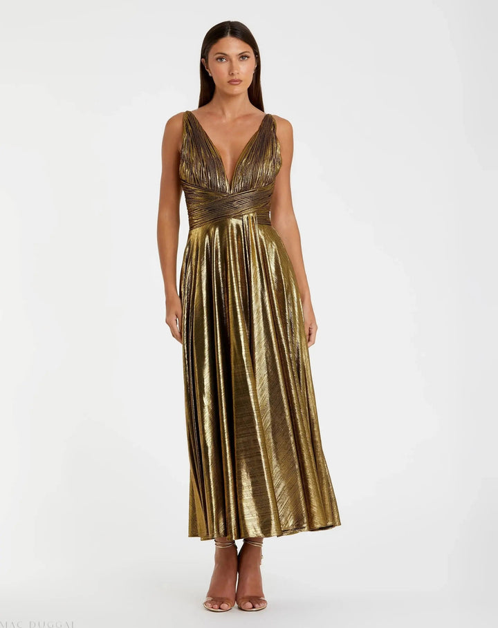Mac Duggal 30761 Sleeveless V Neck Pleated Top Metallic Dress