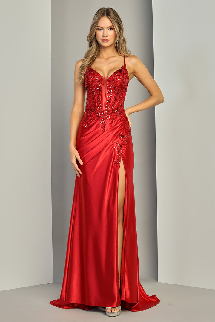 Adora 3422 beaded V-neck ruched wrap prom dress front view, sixth pose