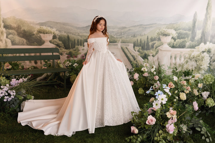 بنتيلي 3916 فستان أطفال بنات منفوش بأكتاف مكشوفة ودانتيل مطرز