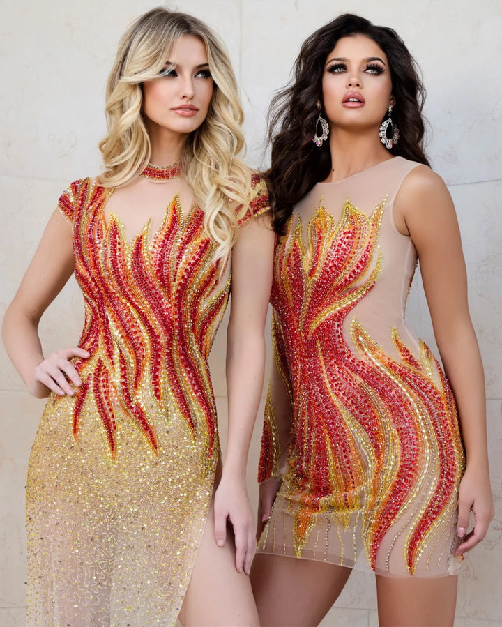 Jovani 40157 Cap Sleeve Long Gown with Beaded Flame Design