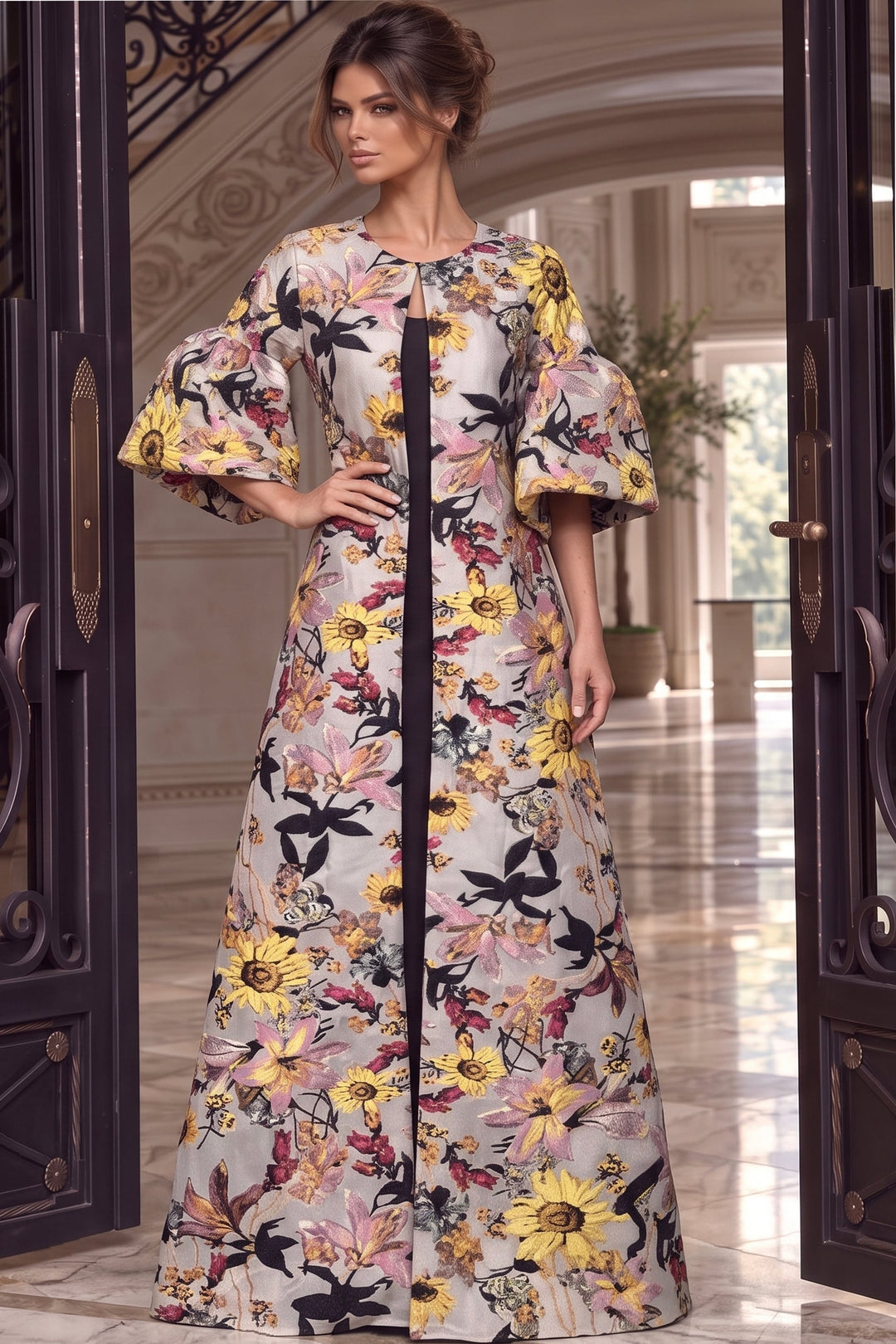 Jovani 42650 floral jacquard bell sleeve maxi gown front view