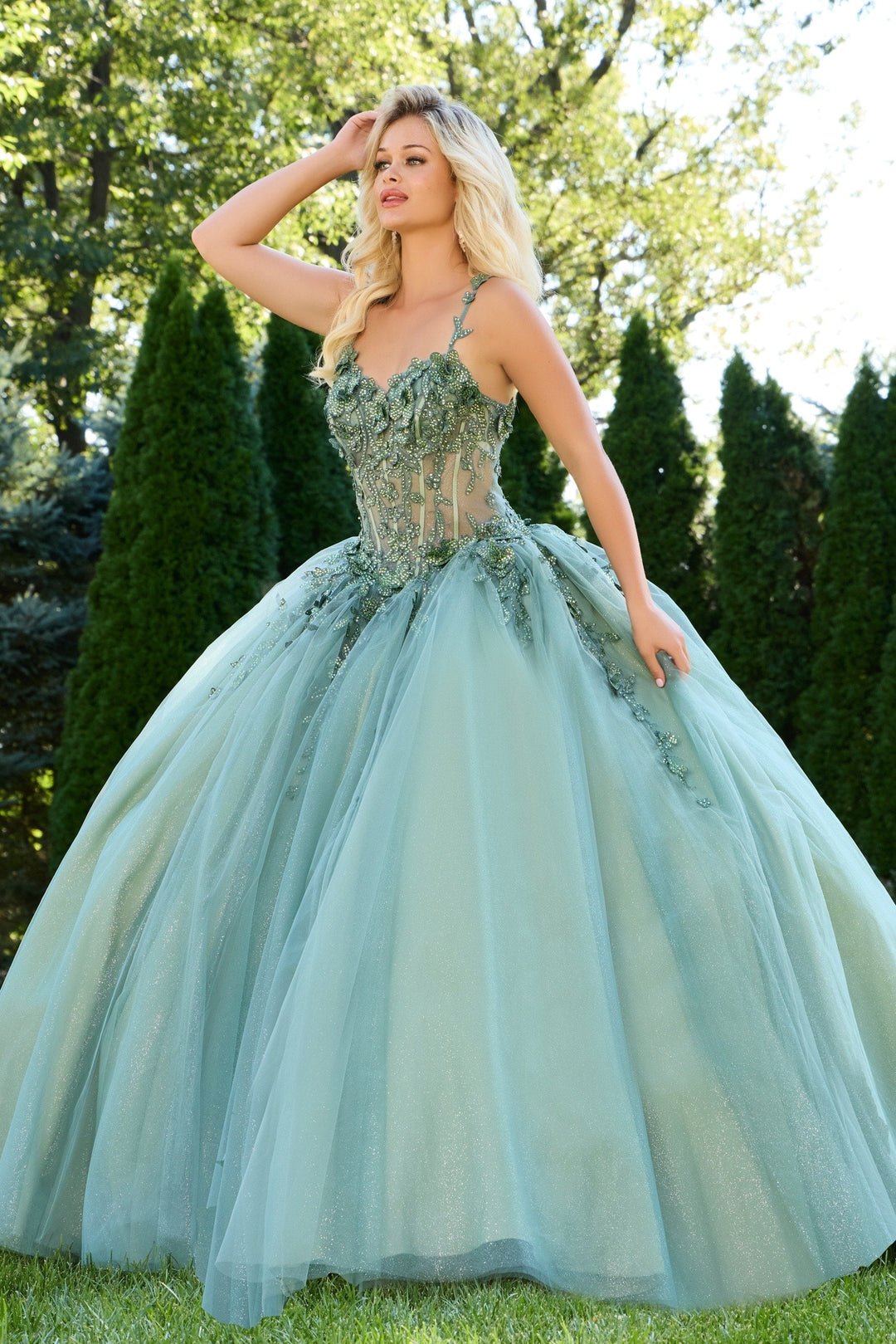 Jovani Q43437 Embellished Quinceañera Gown with Floral Appliques