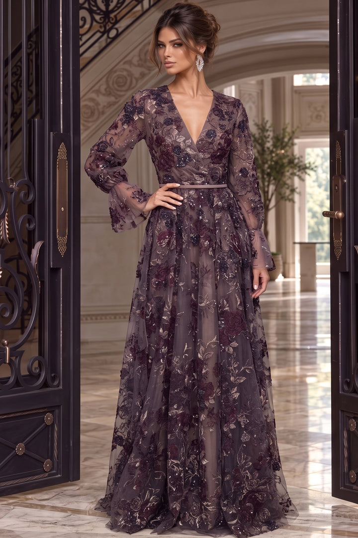 Jovani 47220 floral embroidered tulle A-line evening gown front view