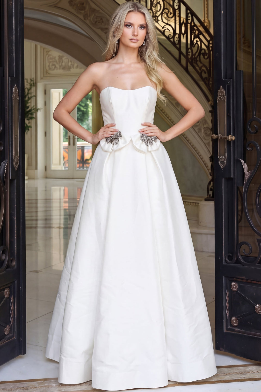 Jovani 47594 Strapless Crystal Bow Ball Gown Prom Dress front view