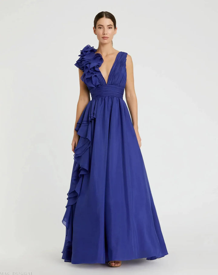 Mac Duggal 9948856P Petite Pink Ruffle Shoulder V-Neck Chiffon Gown