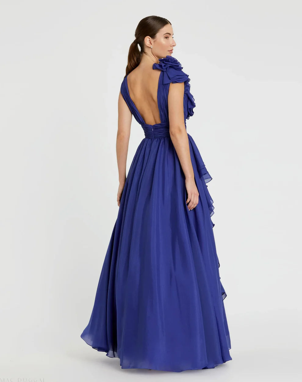 Mac Duggal 9948856P Petite Pink Ruffle Shoulder V-Neck Chiffon Gown