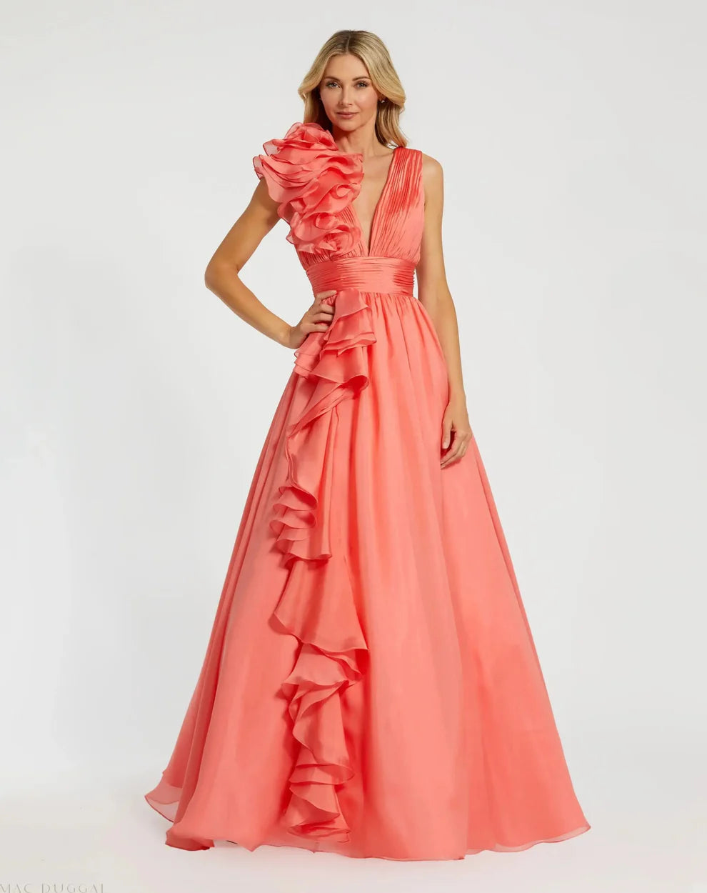 Mac Duggal 9948856P Petite Pink Ruffle Shoulder V-Neck Chiffon Gown